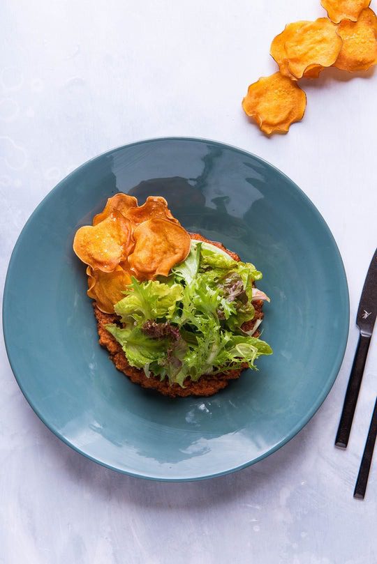 Carrot Romesco, Green Salad, Sweet Potato Chips