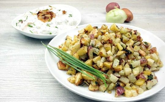 Kohlrabi Hash with Caramelized Onions Dip