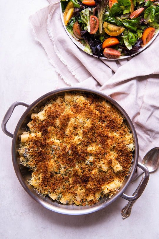 Baked Rigatoni with Garlic, Artichoke, and Wilted Greens